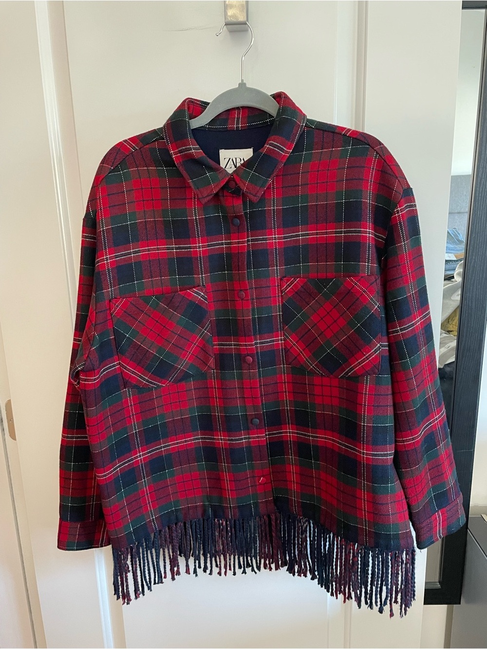 Zara Navy Jacket with Red & Green Plaid Trim